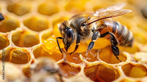 a queen bee cup surrounded by royal jelly in the honeycomb of Apis mellifera bees, providing ample space for text and health-related messaging.