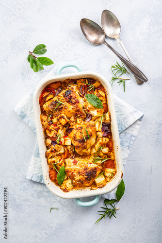 Baked chicken pieces with vegetable, tomato and feta cheese, casserole dish