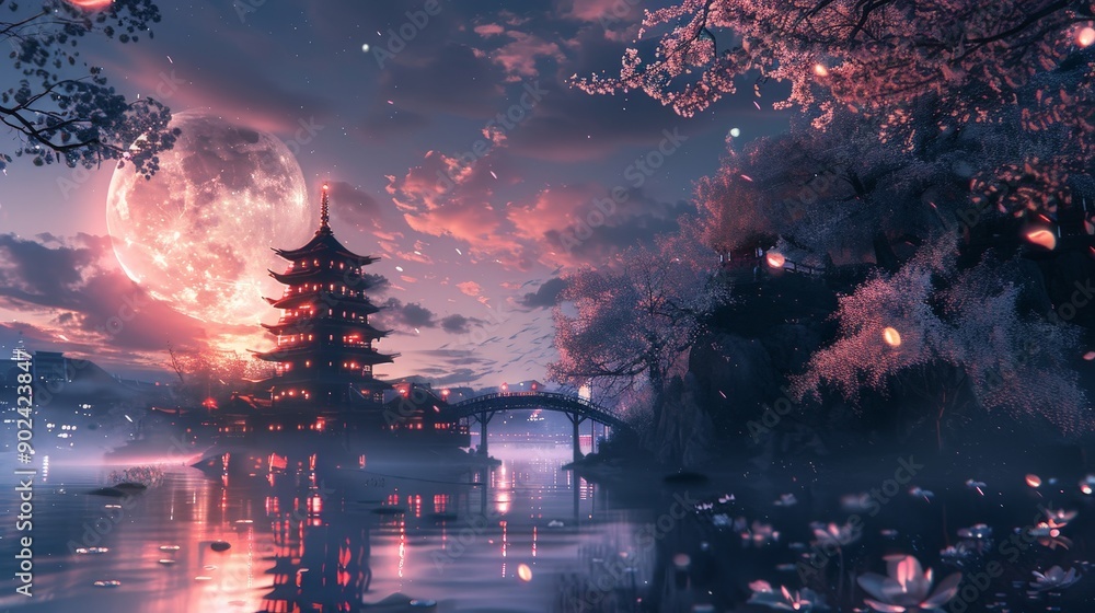 Enchanting Moonlit Night Over Ancient Chinese Riverside Enchanting Moonlit Night Over Ancient Chinese Riverside