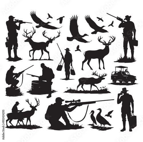 Hunting Silhouette Set with Hunters, Wildlife, Birds, and Equipment Icons
