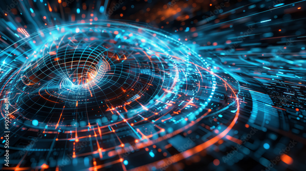 Abstract 3D holographic element with a futuristic, digital theme on a black background Abstract 3D holographic element with a futuristic, digital theme on a black background