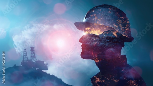 Mine coal industry, miner engineering project devotion with double exposure design. Blue color background with sunlight, mining industrial
