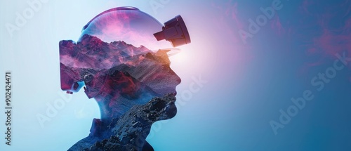 Mine coal industry, miner engineering project devotion with double exposure design. Blue color background with sunlight, mining industrial