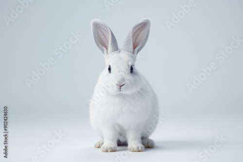 Graceful fluffy white pet rabbit sitting elegantly on a pristine white background