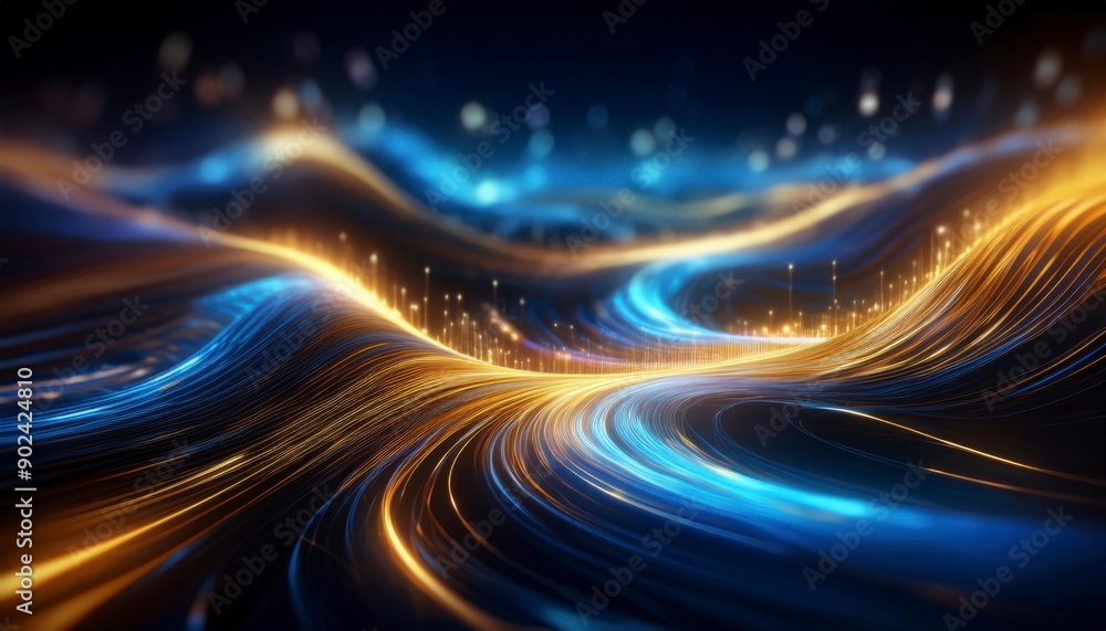 Data technology illustration. Wave with connecting dots and lines on dark background. Abstract futuristic background with gold and blue glowing neon moving high speed wave lines. Generative ai image Data technology illustration. Wave with connecting dots and lines on dark background. Abstract futuristic background with gold and blue glowing neon moving high speed wave lines. Generative ai image