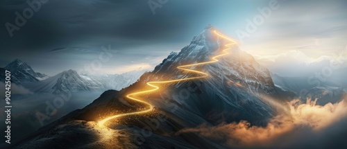 glowing path to the top of the mountain, business success strategy, development and growth concept