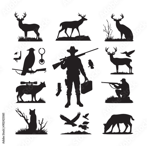 Hunting Silhouette Set with Hunters, Wildlife, Birds, and Equipment Icons
