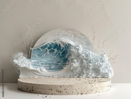 Podium with ocean waves and sandy textures, beachinspired, natural and refreshing presentation platform photo