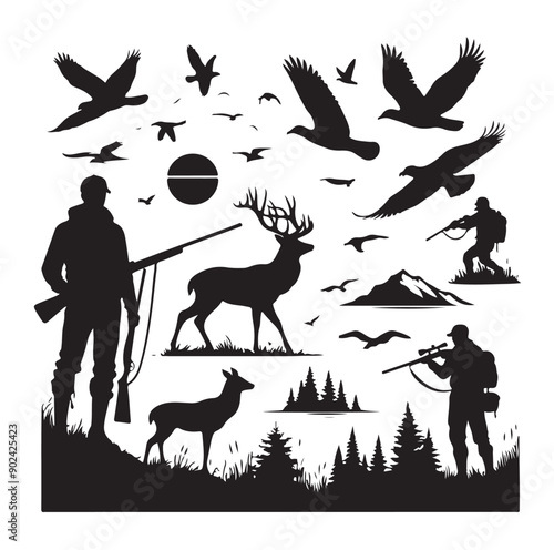 Hunting Silhouette Set with Hunters, Wildlife, Birds, and Equipment Icons
