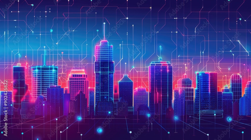 smart city at night, application development concept, smart city, Internet of things, smart life, information technology, gradient grid line smart city at night, application development concept, smart city, Internet of things, smart life, information technology, gradient grid line