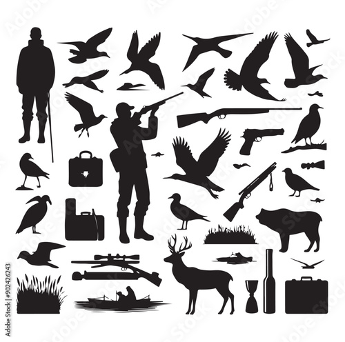 Hunting Silhouette Set with Hunters, Wildlife, Birds, and Equipment Icons
