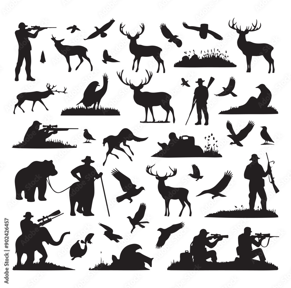 Fototapeta premium Hunting Silhouette Set with Hunters, Wildlife, Birds, and Equipment Icons 