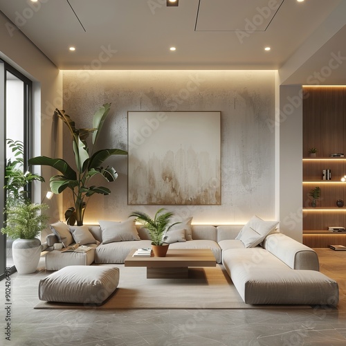 Neuroarchitecture inspired contemporary minimalist Wollof living room with indoor plants, realistic photography, ambient lighting photo