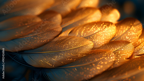 close up photo of a pile of gold patterned bird feathers photo