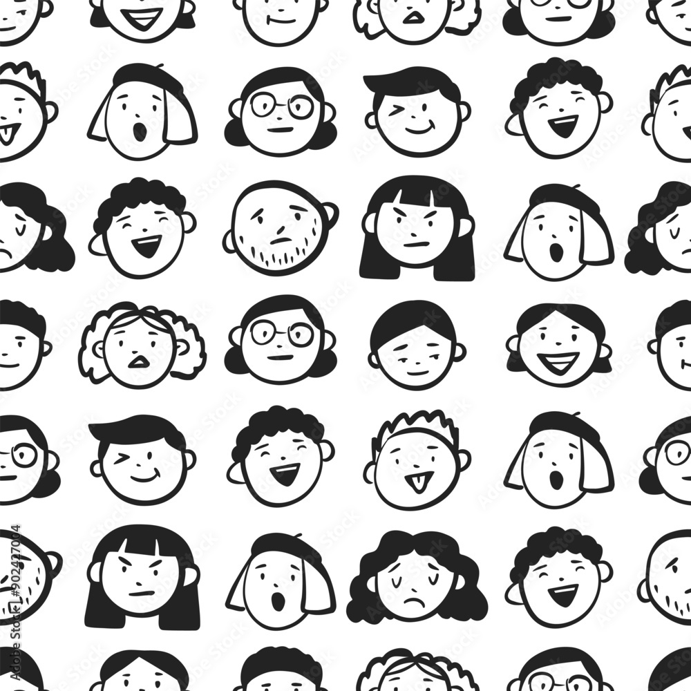 Pattern with different emotions. Vector seamless texture with doodles of faces. Hand-drawn cartoon portraits Pattern with different emotions. Vector seamless texture with doodles of faces. Hand-drawn cartoon portraits