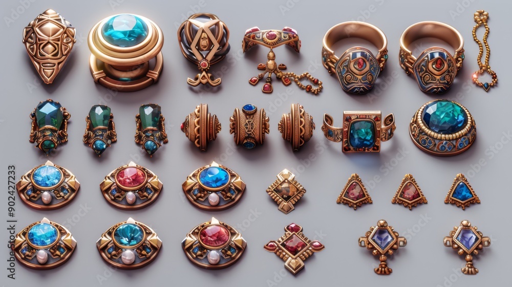 Fototapeta premium 3D game asset, a set of fantasy magic amulets.