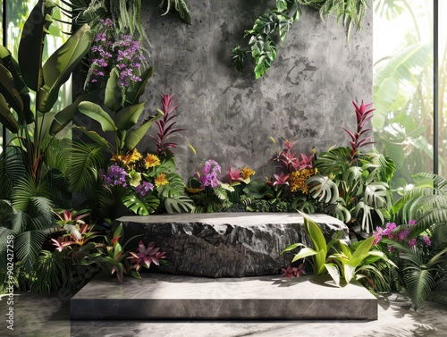 Podium with jungle vines and tropical flowers, rainforestinspired, natural and lush presentation platform photo