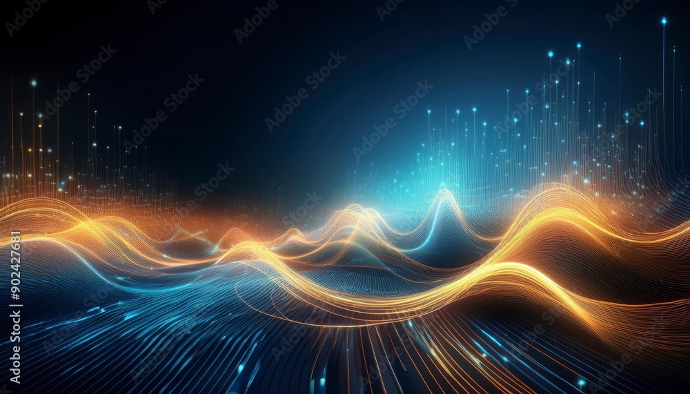 Obraz premium Wave particle technology background, blue curve business technology sense big data background material. Generative image
