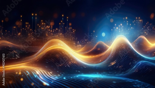 Wave particle technology background, blue curve business technology sense big data background material. Generative image