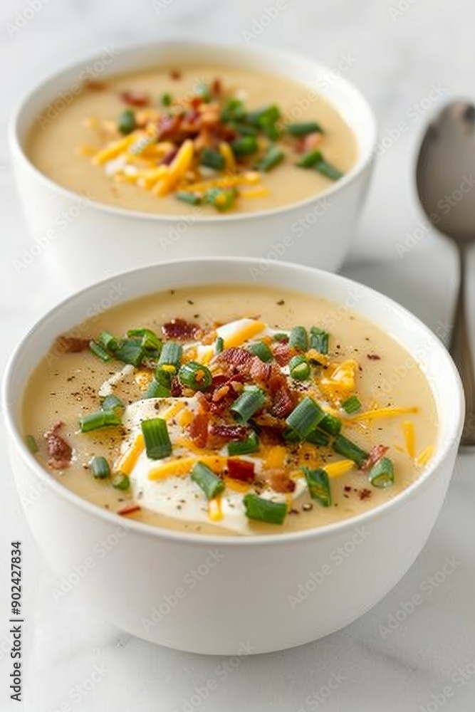 Two bowls of loaded potato soup garnished with bacon, cheese, green onions, and black pepper. The rich and creamy appearance makes it inviting and comforting. Two bowls of loaded potato soup garnished with bacon, cheese, green onions, and black pepper. The rich and creamy appearance makes it inviting and comforting.