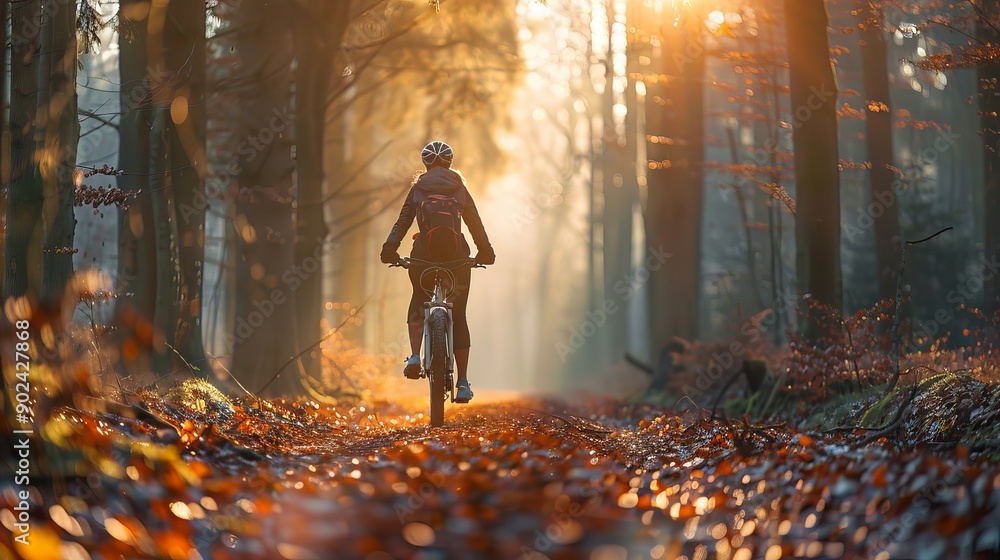 a front view picture of a woman cycling in woods in the morning light a front view picture of a woman cycling in woods in the morning light