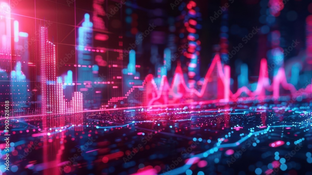Obraz premium Abstract digital data visualization with vibrant colors and fluctuating graphs representing technology and analytics.