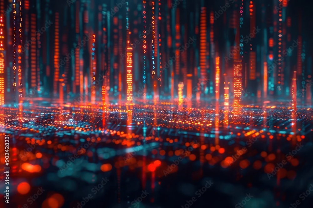 Naklejka premium Holographic economic drop, virtual business downturn, futuristic price fall, dark digital theme