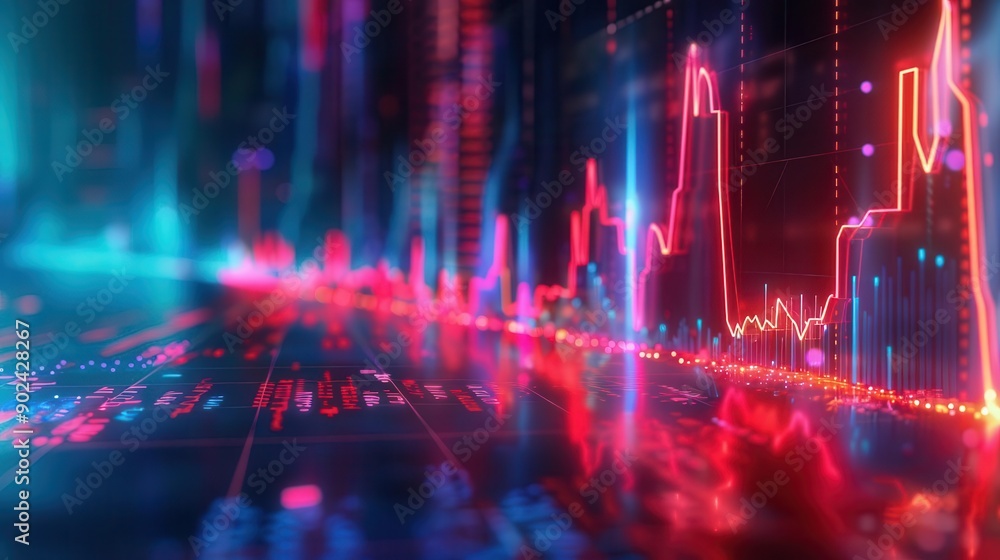 Fototapeta premium Holographic price fall, virtual business decline, futuristic economic downturn, neon design