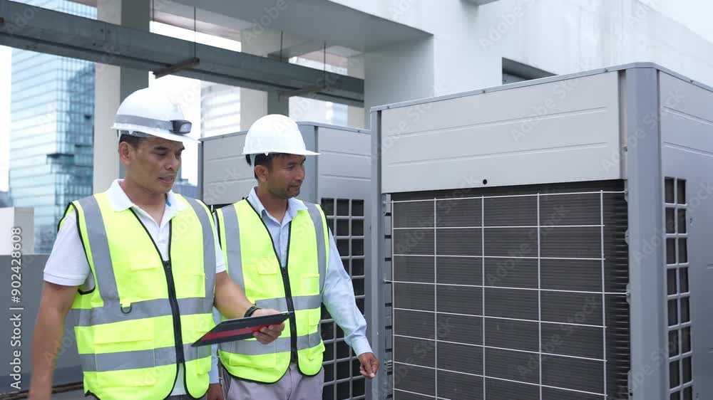 Two engineers in high-visibility vests and hard hats inspecting equipment on a rooftop, emphasizing safety, teamwork, and technical inspection. Two engineers in high-visibility vests and hard hats inspecting equipment on a rooftop, emphasizing safety, teamwork, and technical inspection.