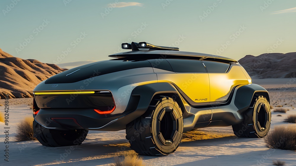 Futuristic design RV car standing in the desert Futuristic design RV car standing in the desert