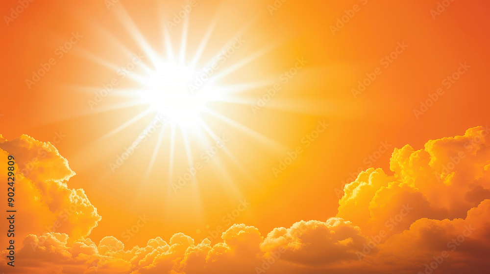 Fototapeta premium Illustration of climate change effects with orange sky, clouds, and sun heat wave concept background.
