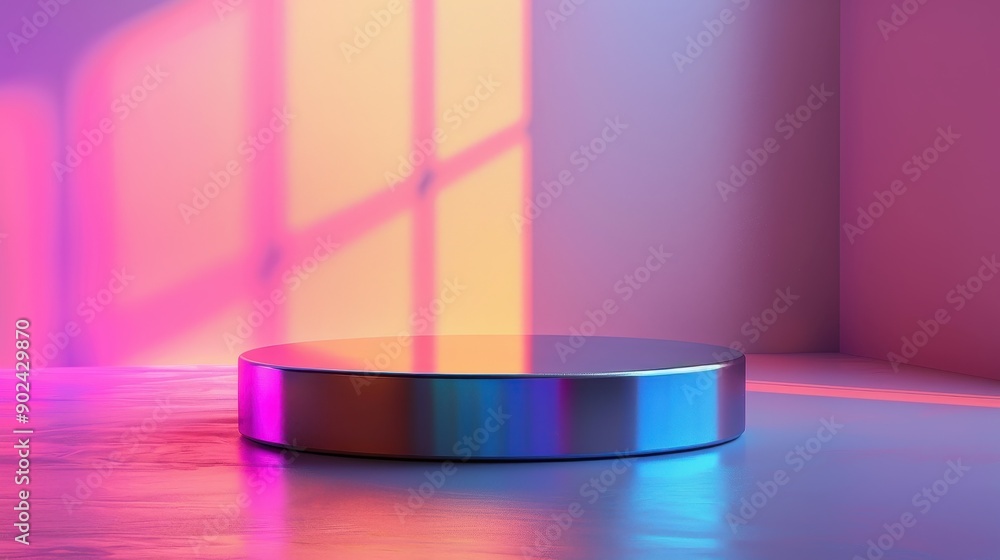 A silver, round, metallic object is sitting on a grey floor A silver, round, metallic object is sitting on a grey floor