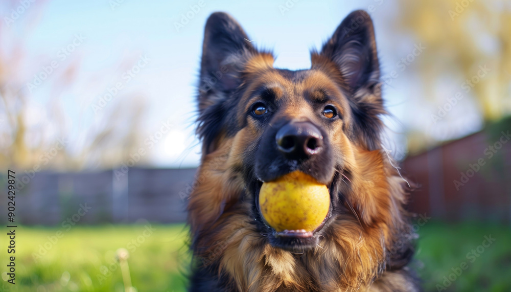 German Shepherd with ball in mouth sitting on grass in sunny backyard. Concepts of playfulness, pets, and outdoor activities. German Shepherd with ball in mouth sitting on grass in sunny backyard. Concepts of playfulness, pets, and outdoor activities.