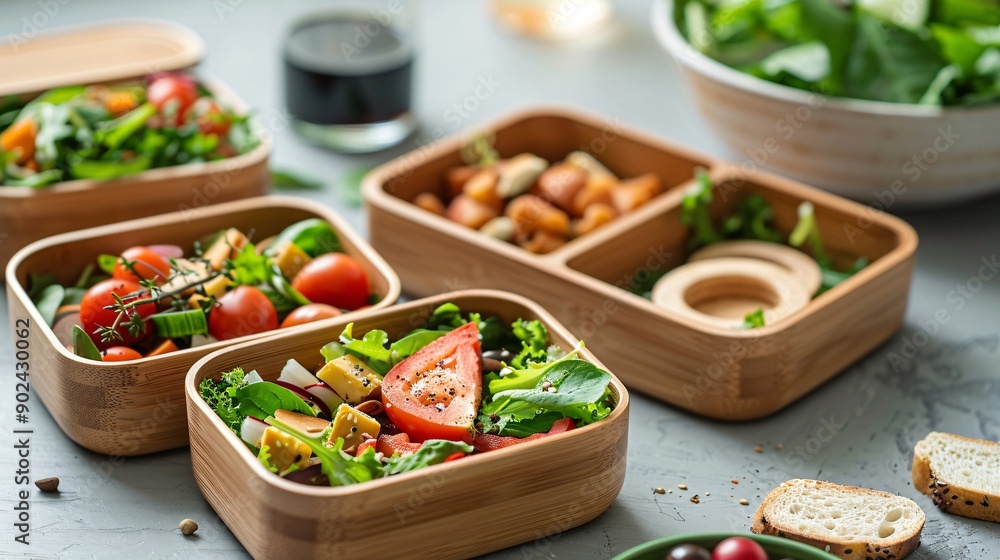 A set of bamboo lunch containers filled with fresh salads, sandwiches, and snacks, ready for a healthy lunch on the go A set of bamboo lunch containers filled with fresh salads, sandwiches, and snacks, ready for a healthy lunch on the go