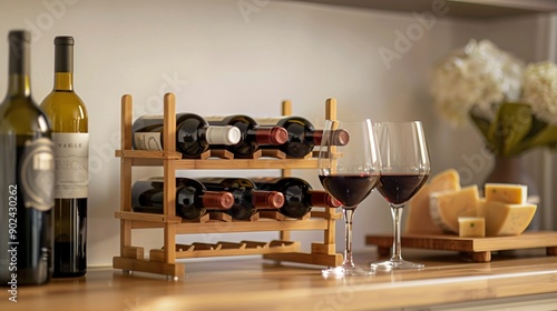 A sophisticated wine rack made of bamboo, holding bottles of wine with bamboo wine glasses and a bamboo cheese board nearby photo