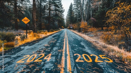 Road with years 2024 and 2025 painted on it. Surrounded by autumn trees, the road symbolizes the transition from one year to the next. Ideal for New Year's themes and future planning. photo