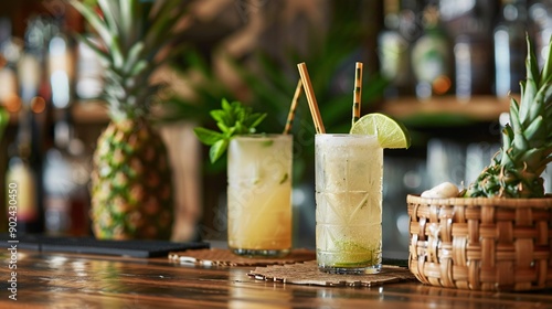 A stylish bar with bamboo cocktail stirrers, bamboo drink coasters, and tropical cocktails garnished with fresh bamboo shoots