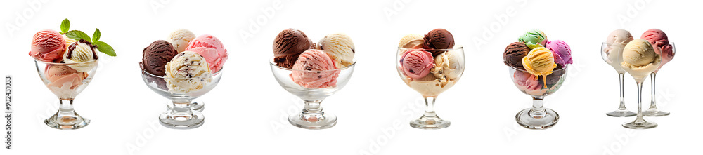 Ice cream scoops in glass cups with leaves on a transparent background Ice cream scoops in glass cups with leaves on a transparent background