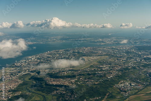 Aerial view of Lisbon, with Vasco da Gama Bridge, Tejo park and Trancao river, PORTUGAL photo