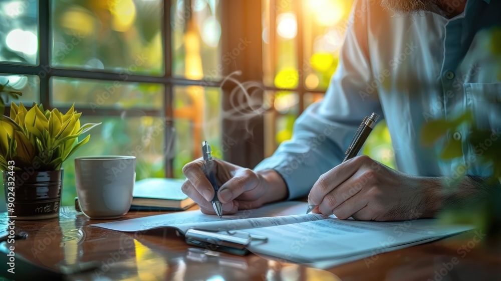 An entrepreneur drafting a business plan on a peaceful morning An entrepreneur drafting a business plan on a peaceful morning
