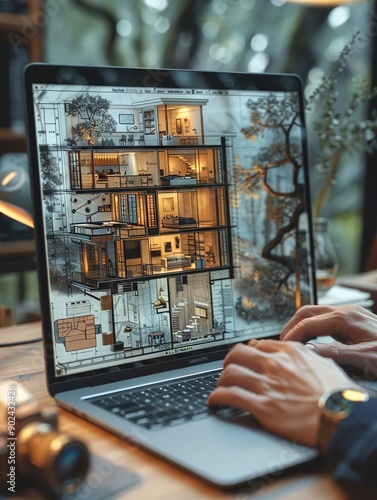 close up image of mens hand, who making 3d furniture blueprint mockup on modern macbook pro, with view to monitor of laptop with opened 3d soft, atmospheric lighting, photorealistic