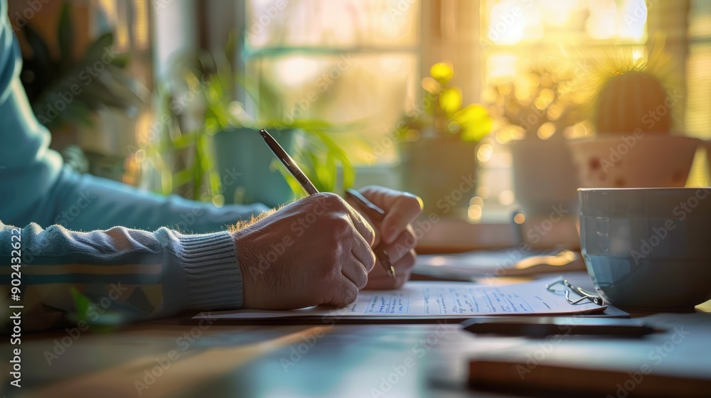 An entrepreneur drafting a business plan on a peaceful morning An entrepreneur drafting a business plan on a peaceful morning