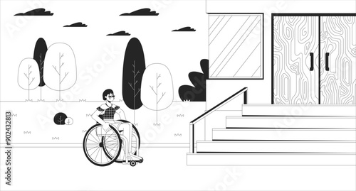 Inaccessible city for wheelchair user black and white line illustration. Frustrated disabled woman in front of staircase 2D character monochrome background. Public obstacles outline scene vector image
