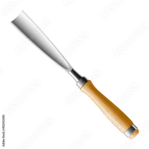 Chisel, carpentry hand tools for woodworking and wood carving. Stand for working with wood. Chisel with wooden handle isolated on transparent background. Realistic 3d Vector illustration.