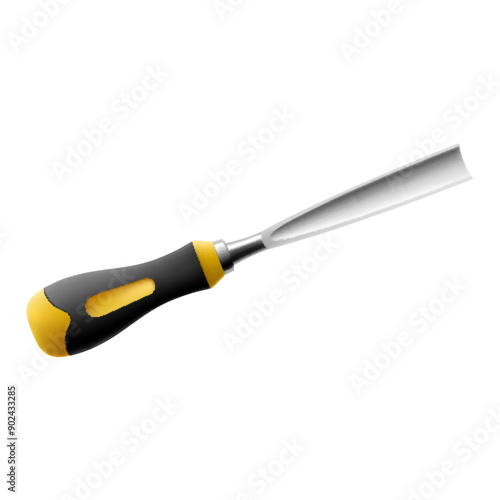 Chisel, carpentry hand tools for woodworking and wood carving. Stand for working with wood. Chisel with wooden handle isolated on transparent background. Realistic 3d Vector illustration.