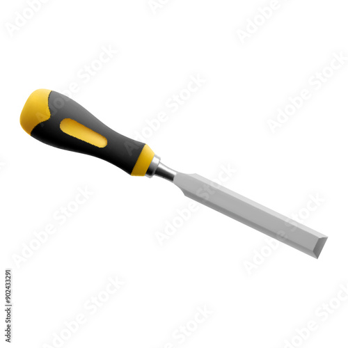 Chisel, carpentry hand tools for woodworking and wood carving. Stand for working with wood. Chisel with wooden handle isolated on transparent background. Realistic 3d Vector illustration.