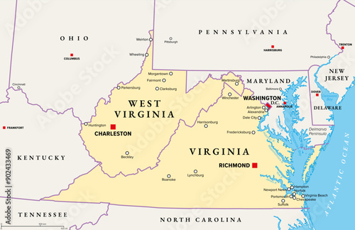 The Virginias, political map. The two Virginias, two states in the Southeastern and Mid-Atlantic regions of the United States. Virginia with capital Richmond and West Virginia with capital Charleston.
