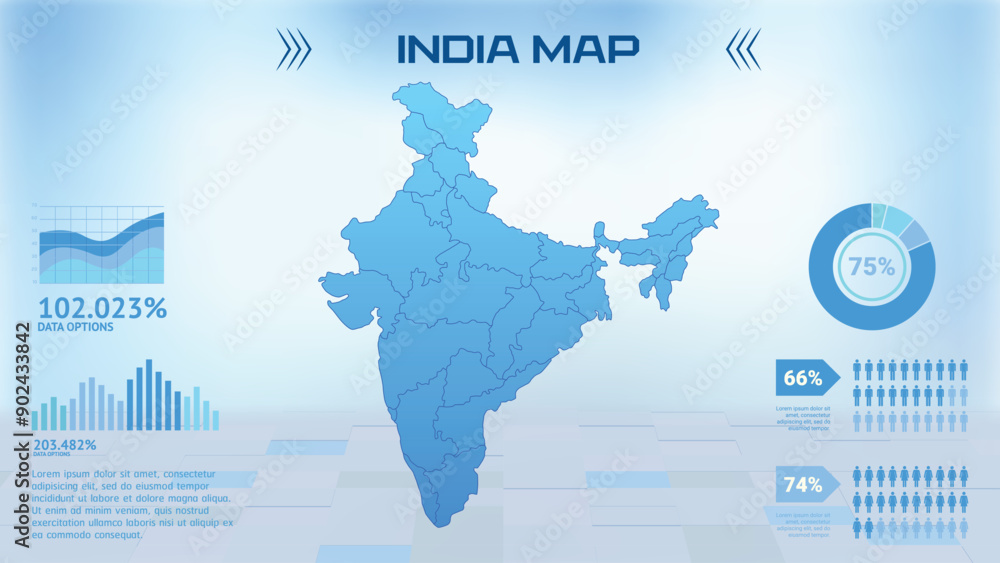 Blue India Map with States, Political India infographic map vector illustration