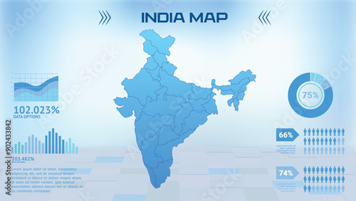 Blue India Map with States, Political India infographic map vector illustration