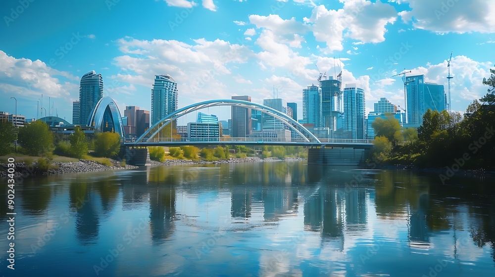 Fototapeta premium A modern bridge spanning a river with the city skyline in the background